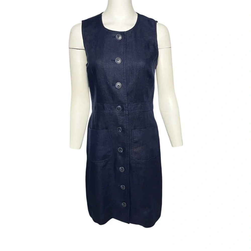 Tory Burch Linen Sheath Dress Size 4 Button Front Navy Blue Sleeveless  Pockets